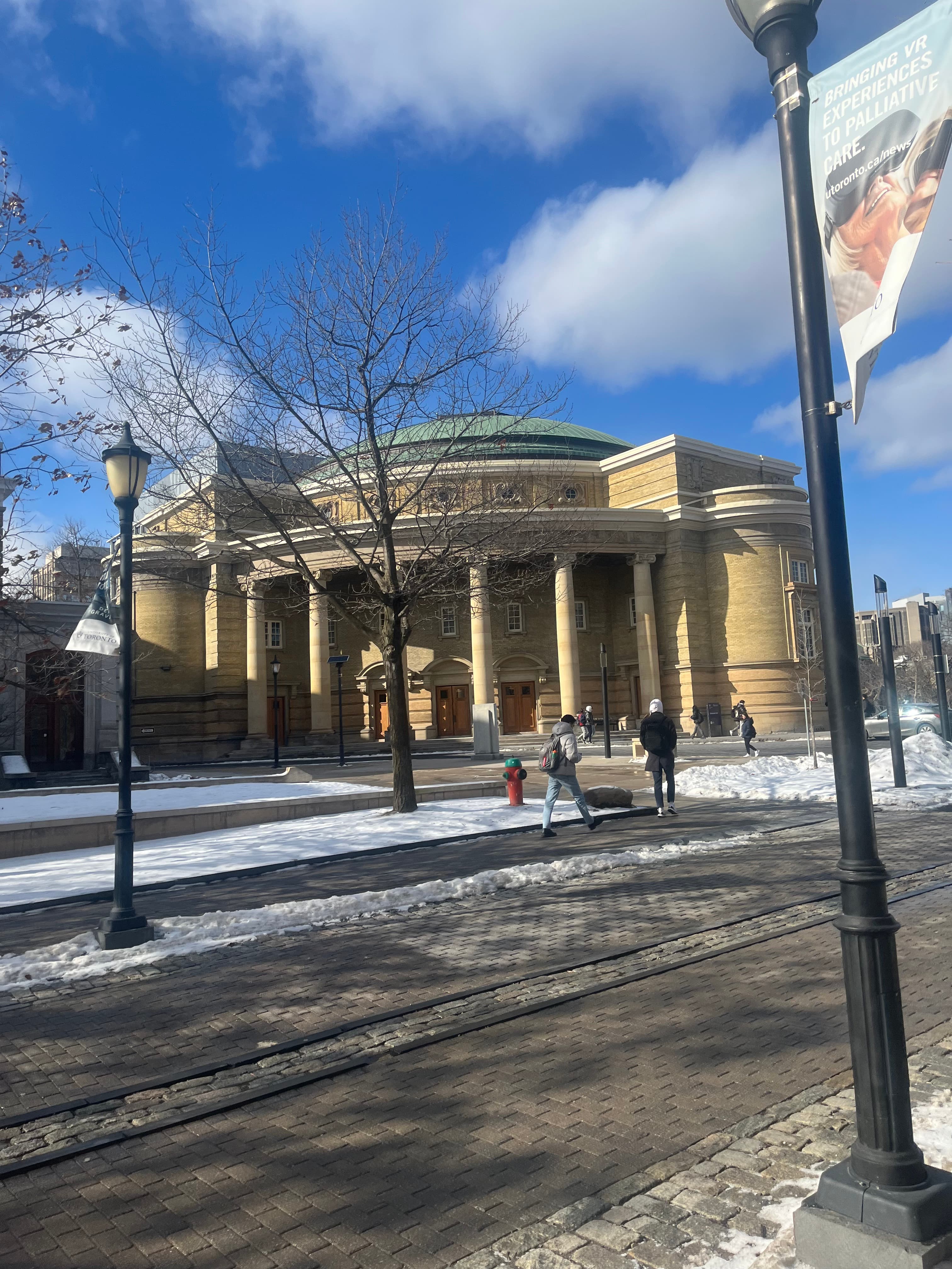 Neo-Gothic campus building in winter
