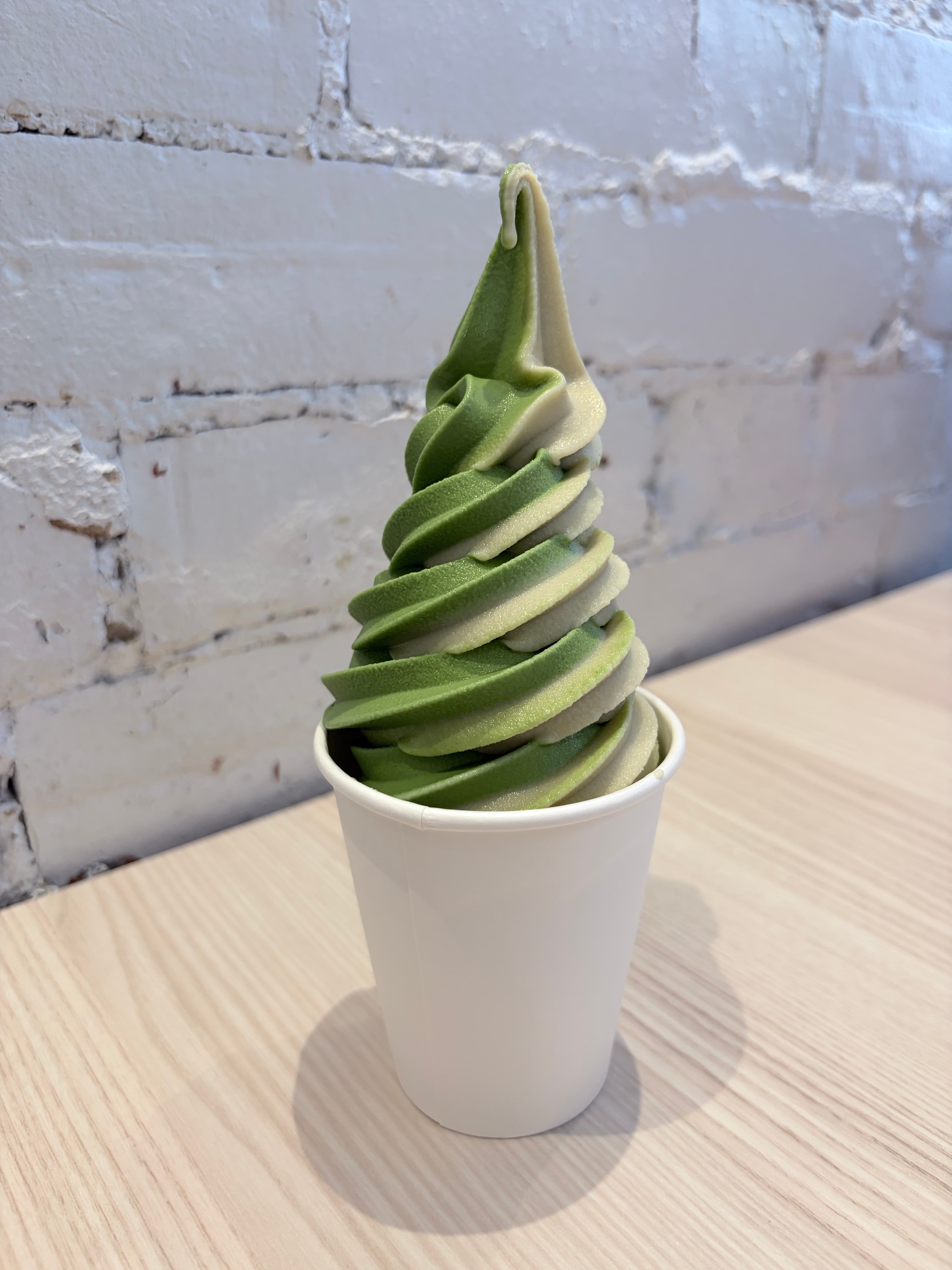 Swirled matcha soft serve cone