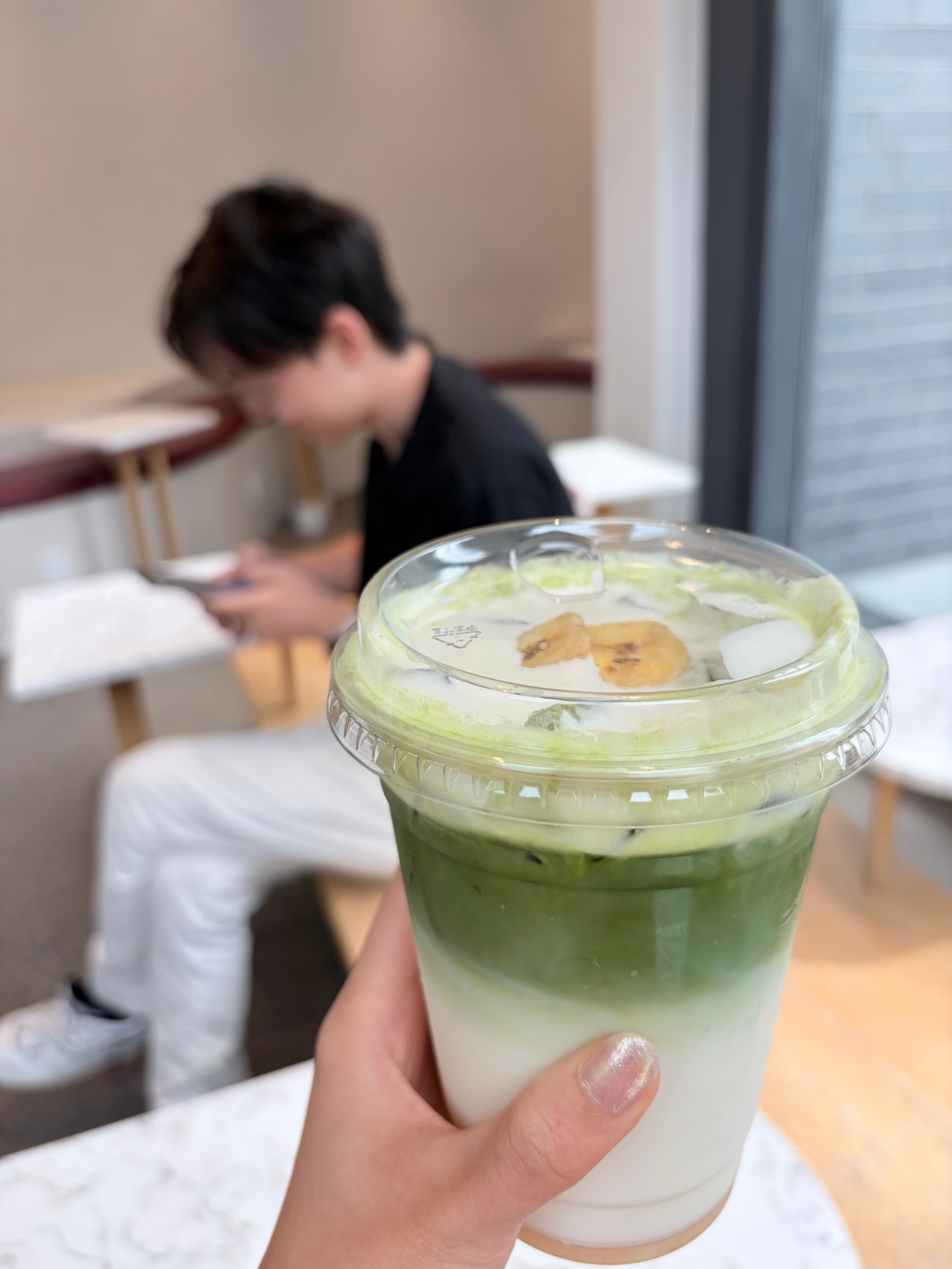 Iced matcha latte with a taiyaki waffle