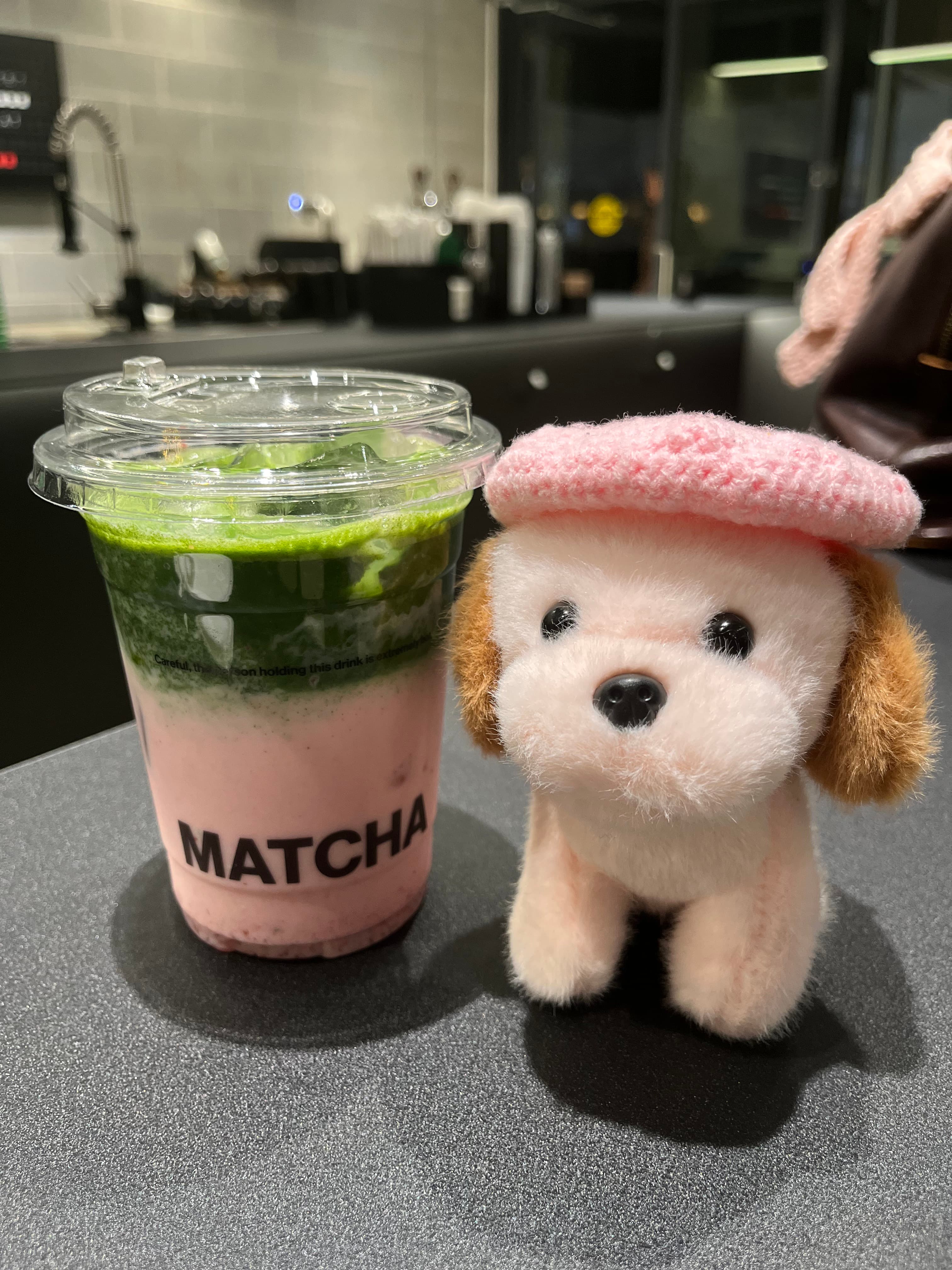 Plushie dog posing with a matcha cup
